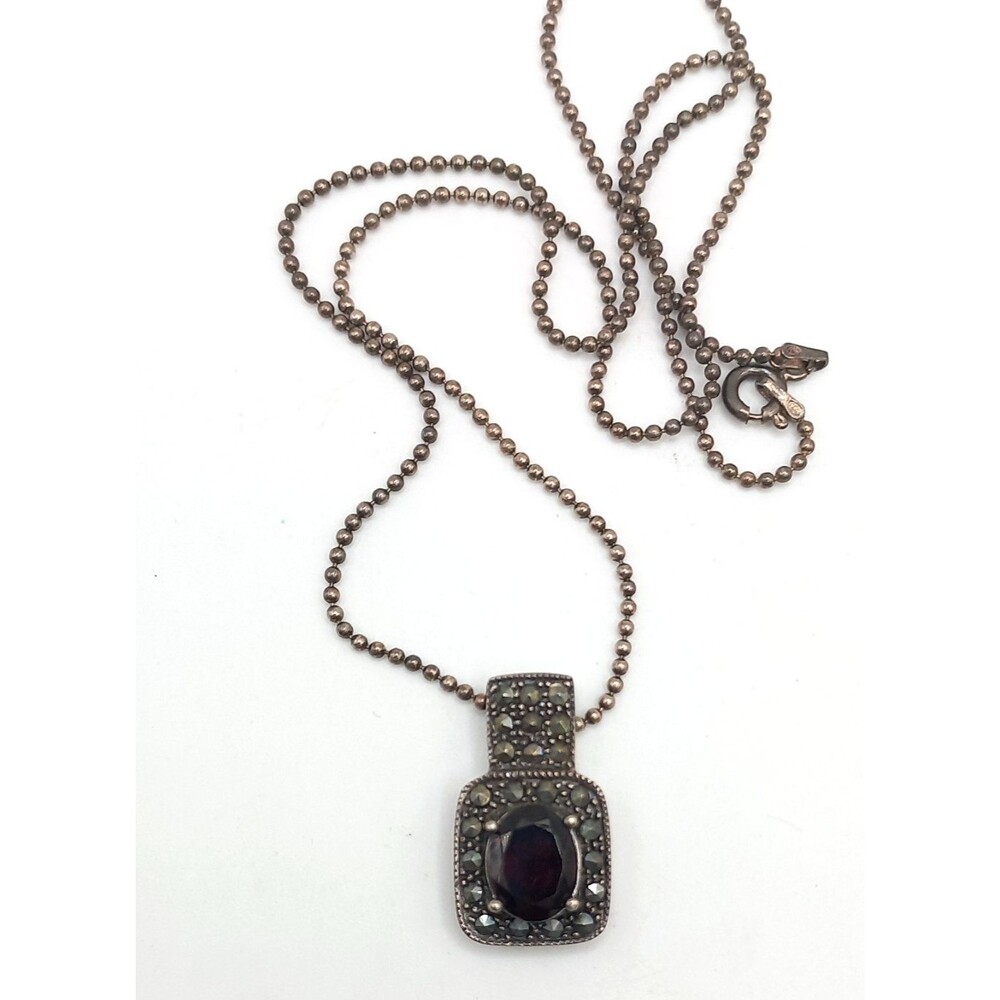 Vintage DBJ Sterling Silver Marcasite & Dark Garnet Pendant Necklace 17"
